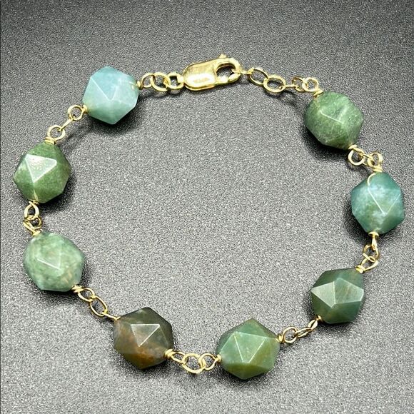 VTG Faceted Moss Agate Stone Station Gold Filled Bracelet, 8” - Picture 1 of 6